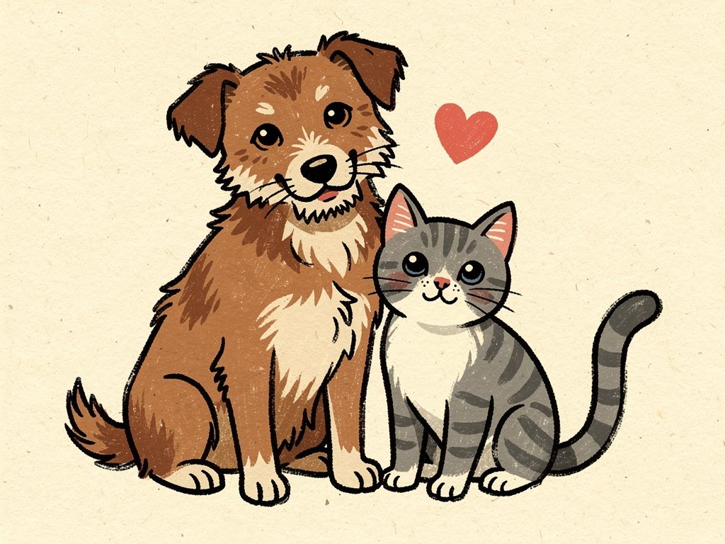 Ilustração: um cão e um gato à espera de família
